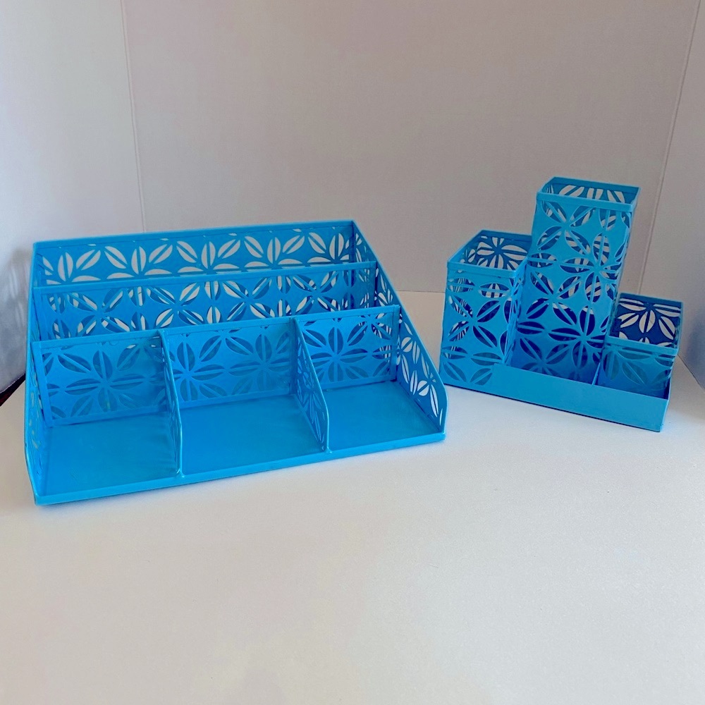 Blue Metal Desk Organizer Set